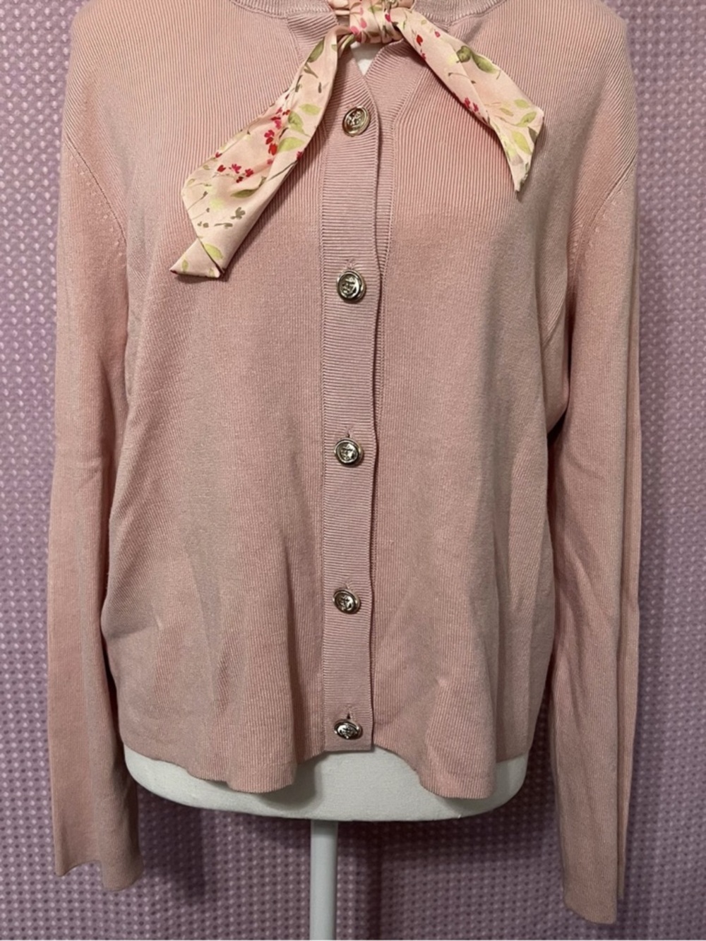 CeCe Pale Pink Knit Button-Up Cardigan with Tie Neck